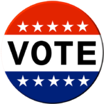 A circular button that says "VOTE" and has red and blue stripes with white stars
